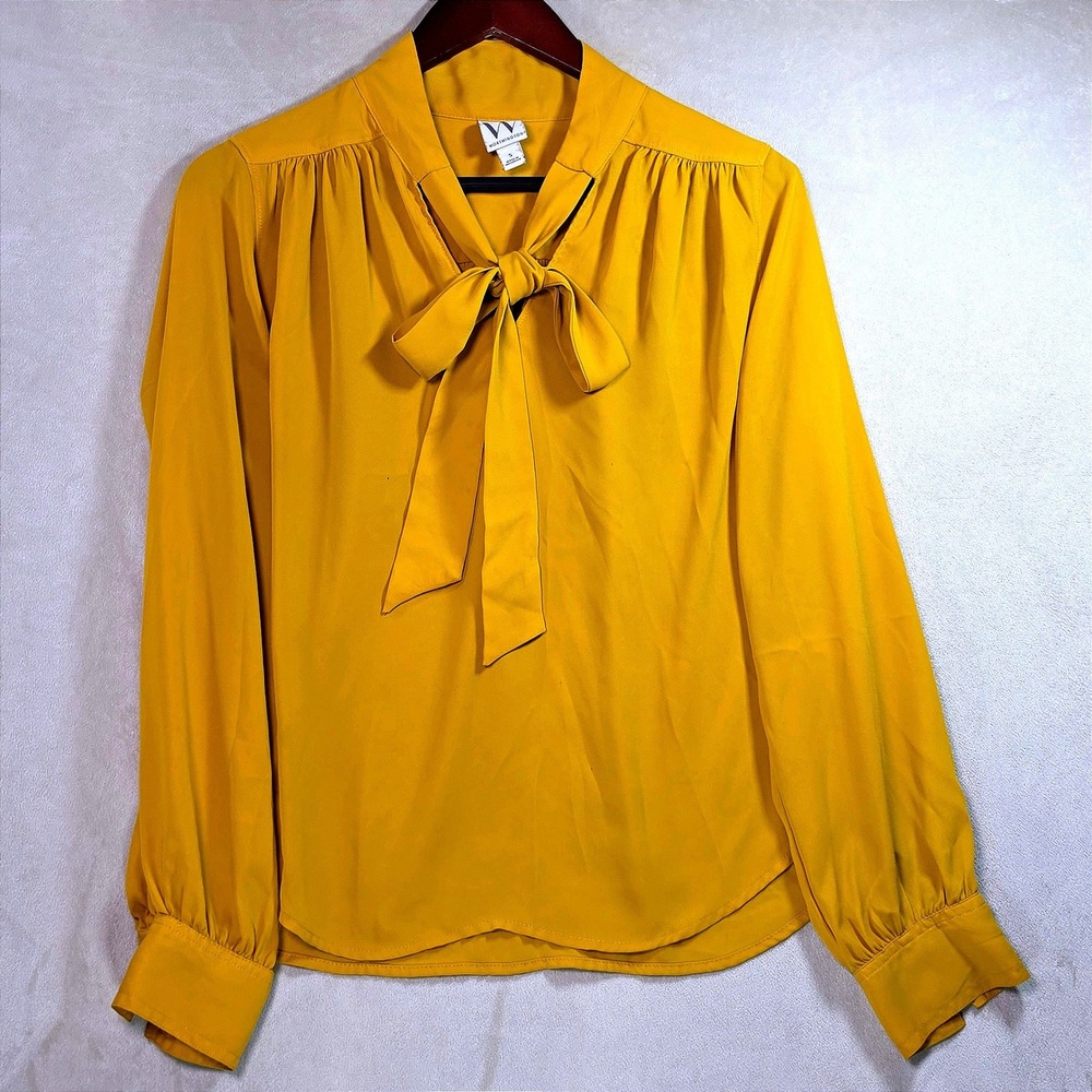Worthington Womens Mustard Yellow Tie Neck Long Sleeve Blouse Size S